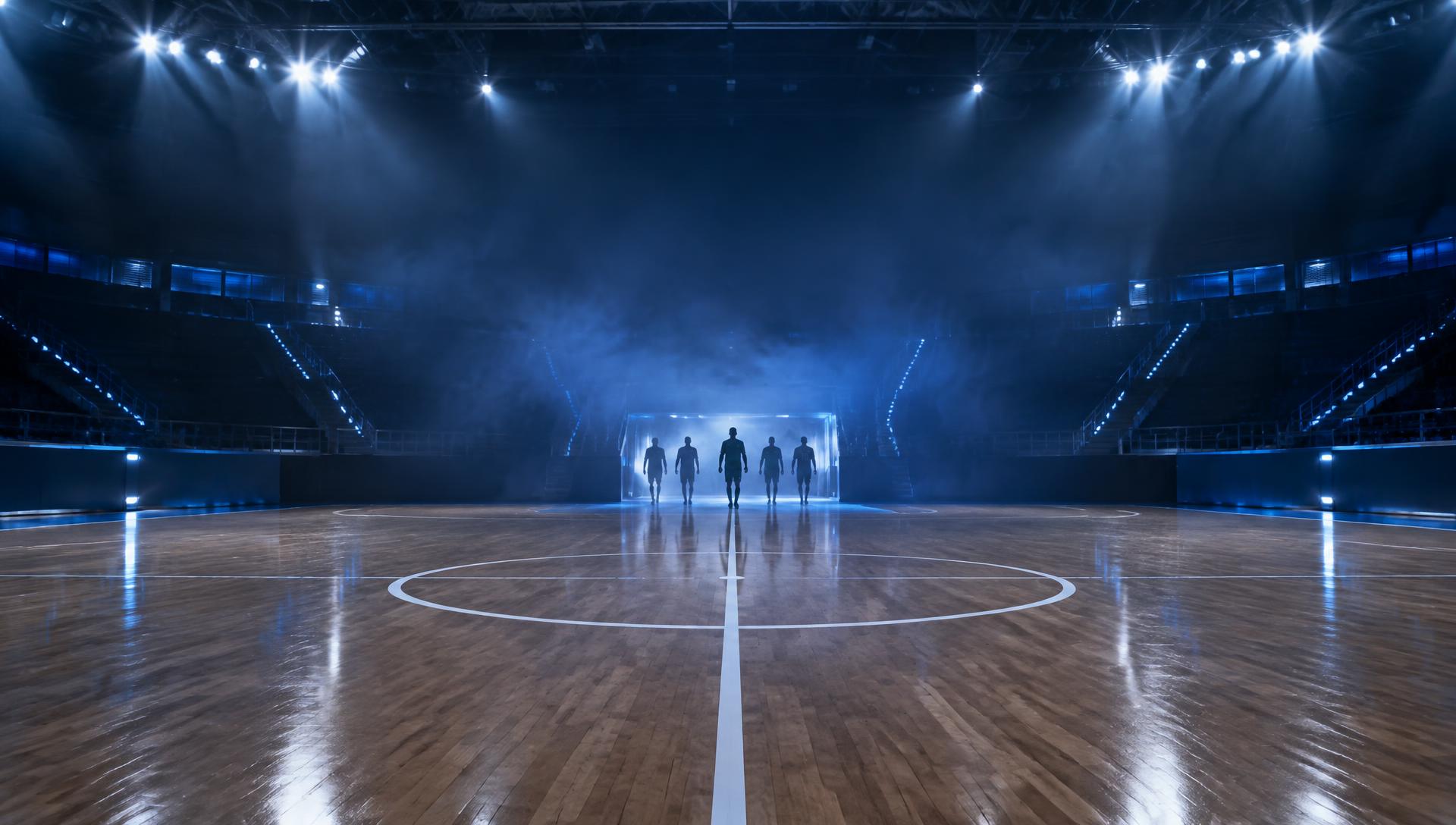 Quadra de futsal iluminada antes da competição